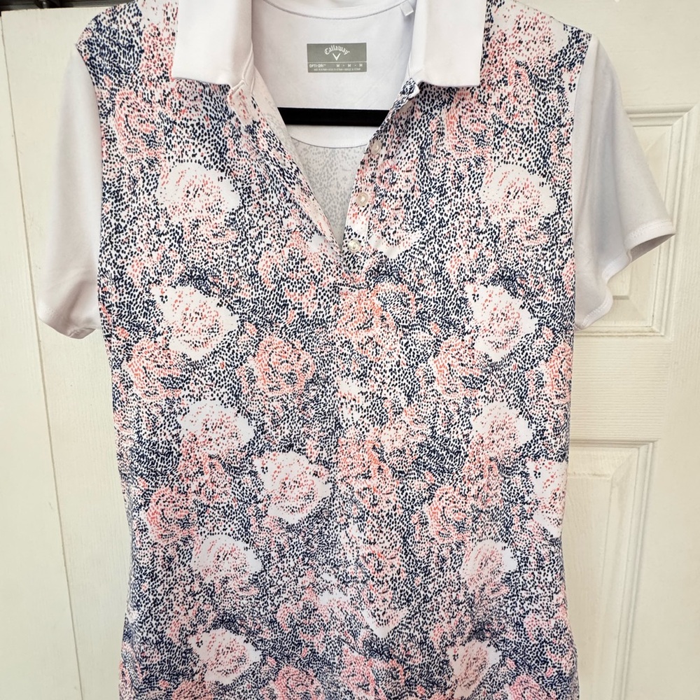 Women’s Callaway white Pink and Gray Fitted Golf Polo